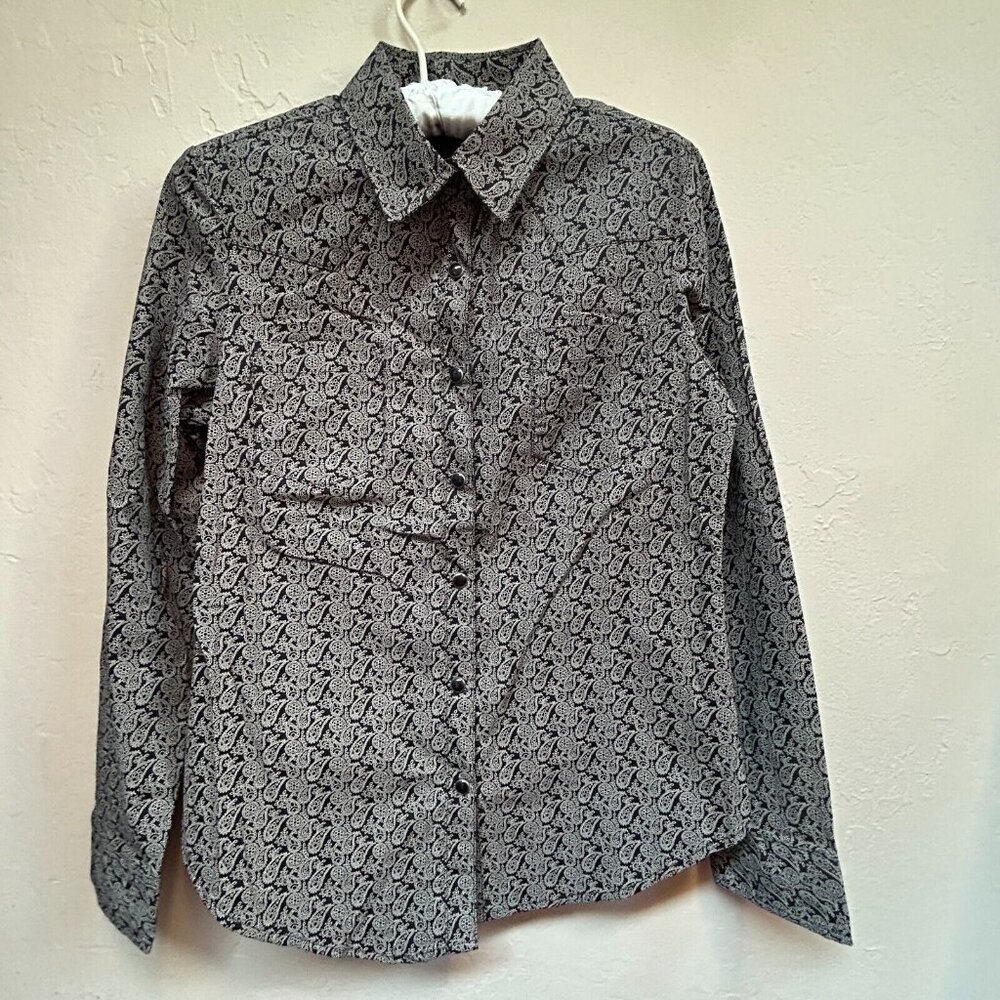 EL General Lady's Medium Black Paisley Print Pearl Snap Wester Shirt Long Sleeve